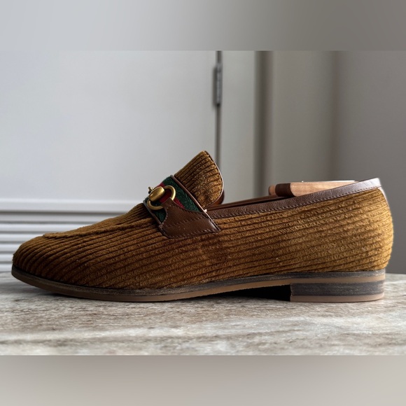 GUCCI Brown Corduroy Web Gold Horsebit Slip On Loafers 8.5 / 9 Moccasins $1000 - Picture 4 of 16